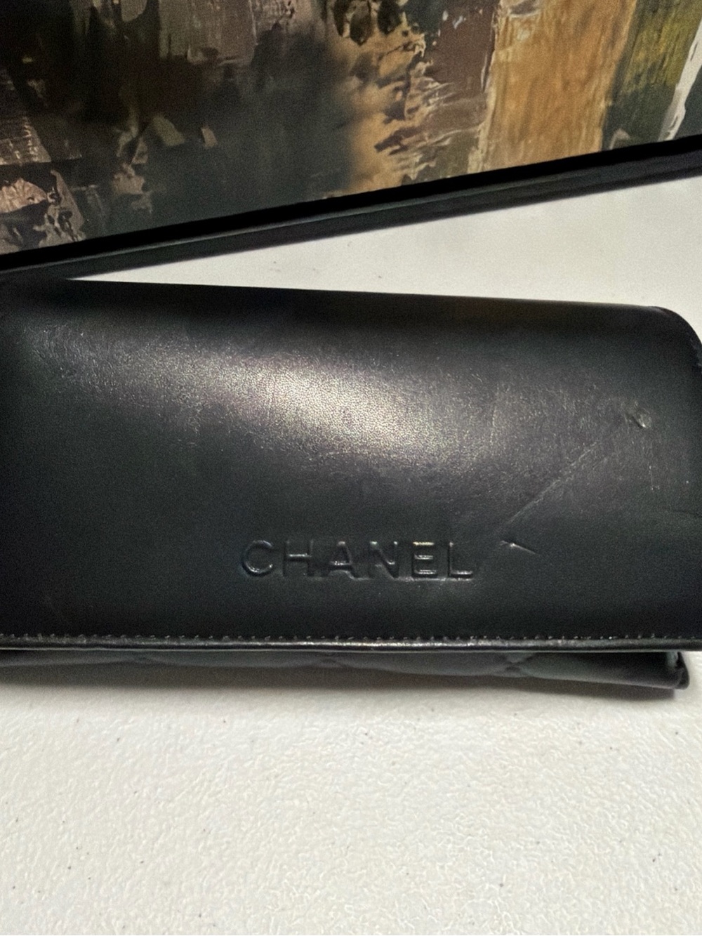 CHANEL Black Leather Embossed Logo Sunglasses Case